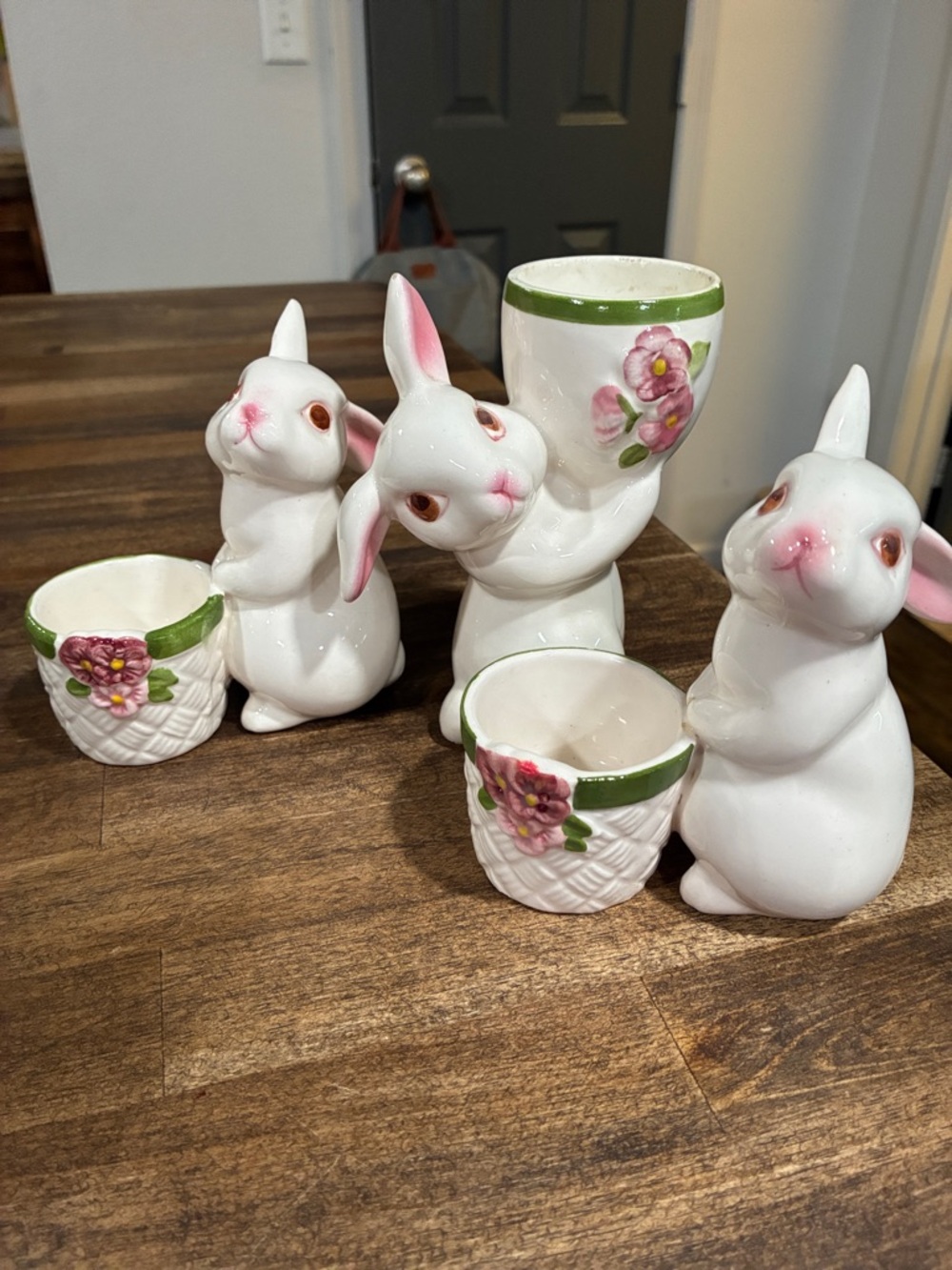 80’s Avon Bunny Luv egg holders and candle holders Set of 3